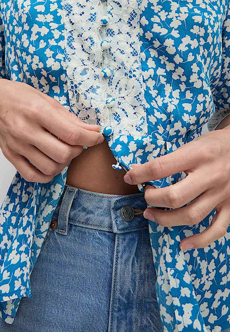 Floral Lace Detail V-Neck Blouse