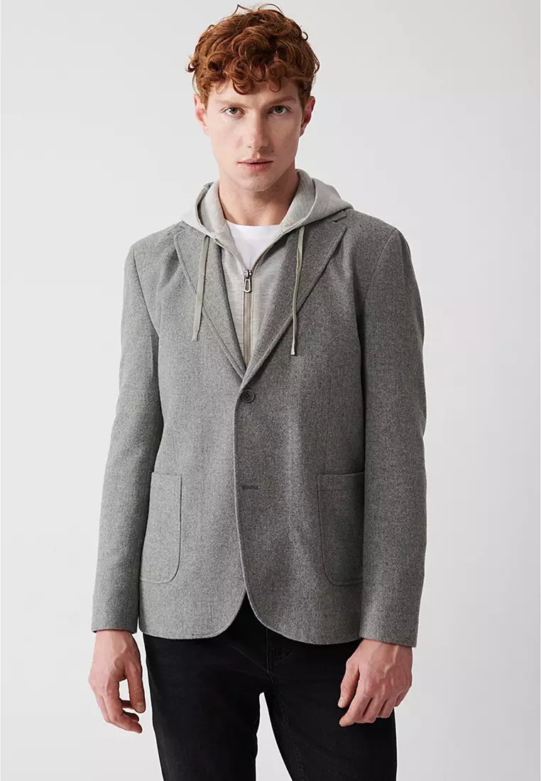 Men's Gray Removable Hooded Wool Jacket A32Y4017
