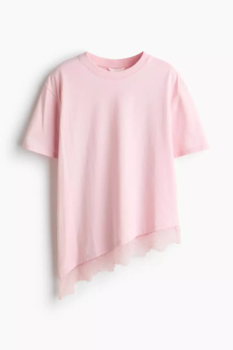 Asymmetric lace-trimmed T-shirt