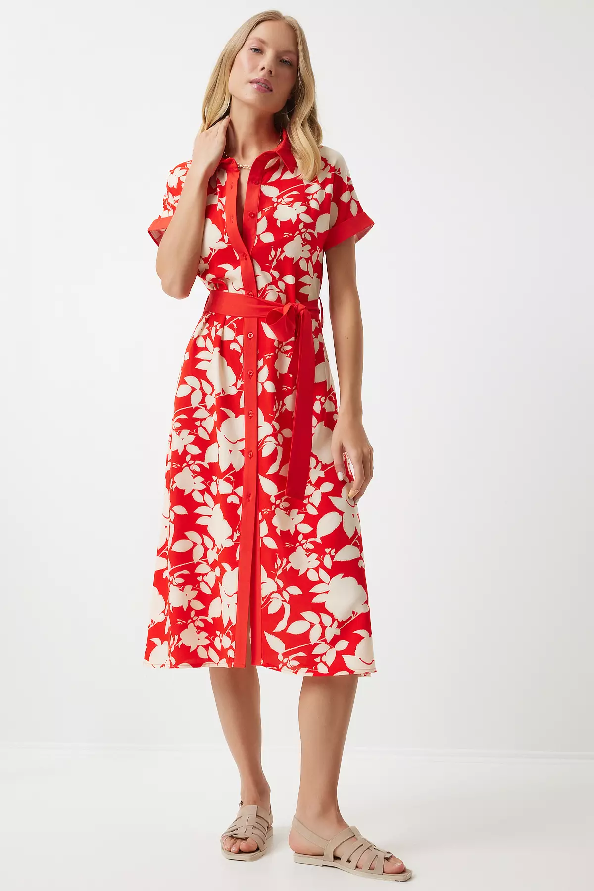Red Floral Pattern Thin Viscose Summer Dress - Dd01311