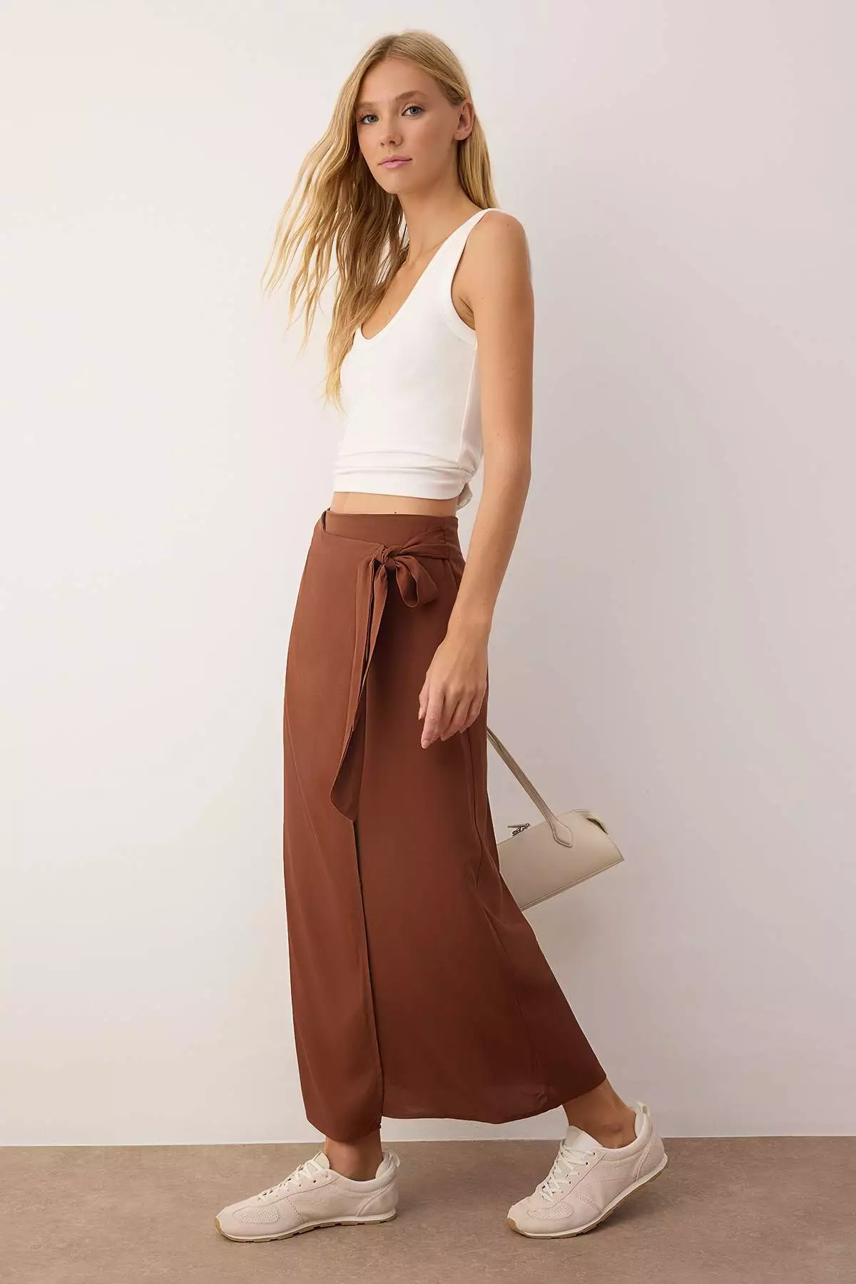 Sustainable Brown Tied Double Breasted Viscose Fabric Maxi Length Woven Skirt