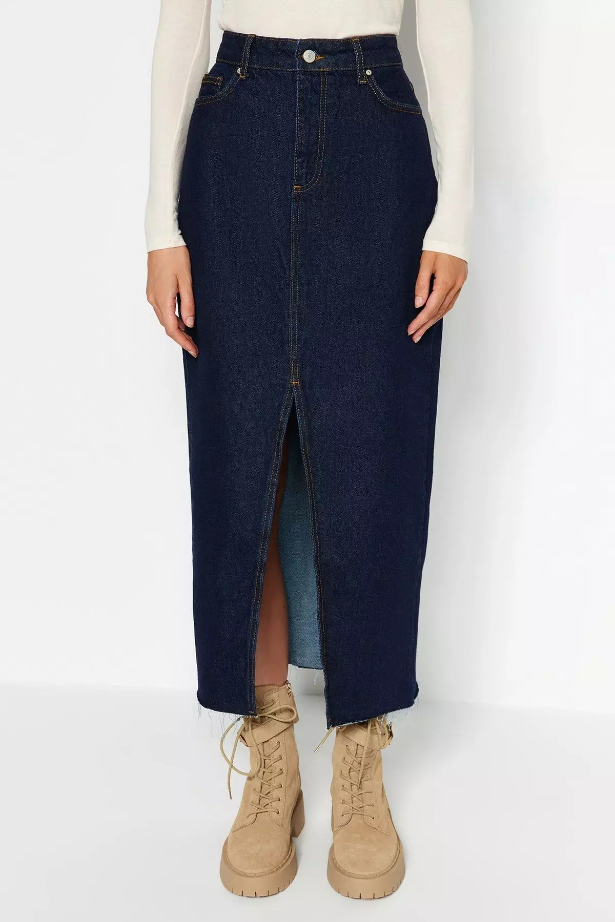 Dark Blue More Sustainable Slit Maxi Denim Skirt TWOSS23ET00290