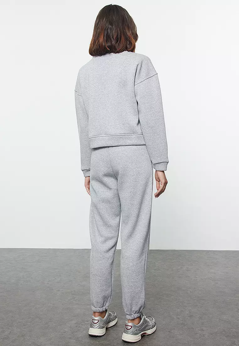 Gray Melange Regular/Normal Pattern Basic Thick Inside Fleece Knitted Tracksuit