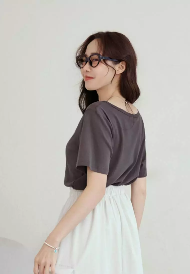 Contrast Color Half-Placket Short Sleeve Top with Heart Print [AB20523]
