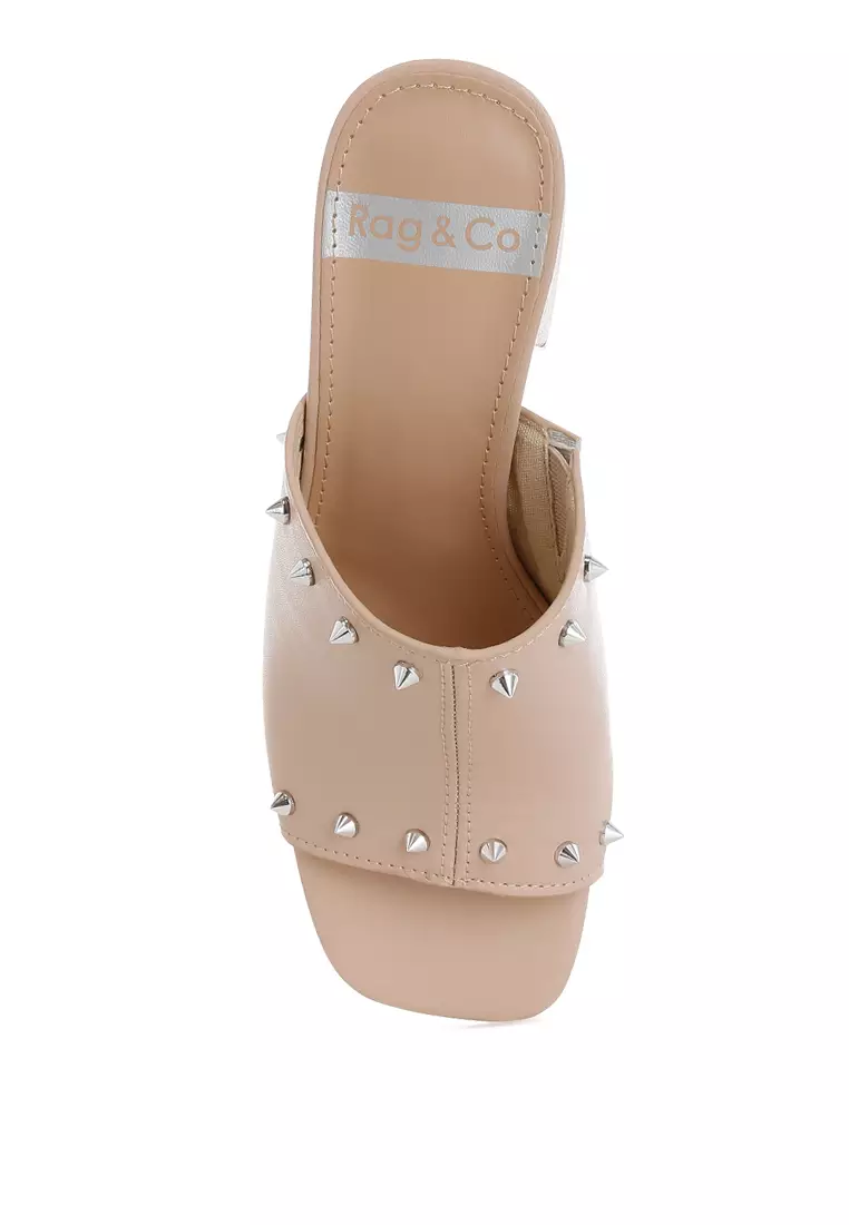 Sandal Mules Bertumit Blok Berhias Stud Warna Beige