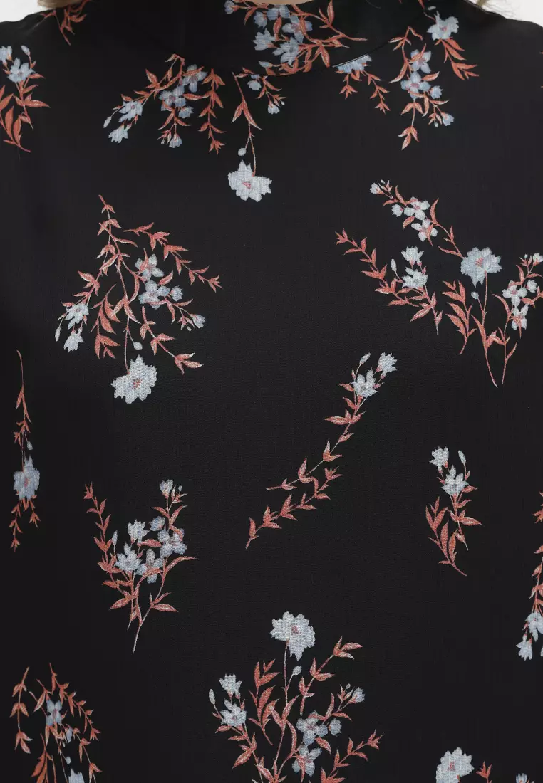 Tunik Floral Motif Long Sleeve Black By Brilliant Girl Warna HITAM