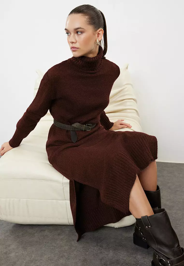 Brown Midi Wide Fit Soft Texture Knitwear Dress