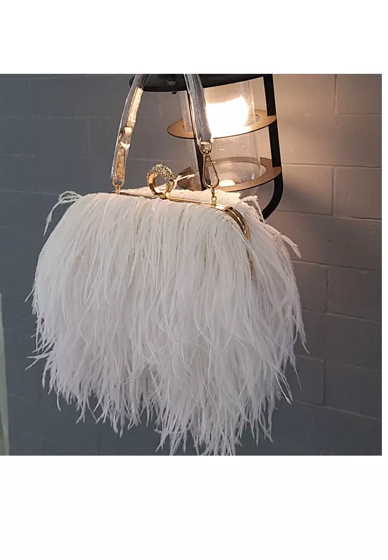 Ostrich Feather Ring Buckle Chain Crossbody Shoulder Small Square Bag