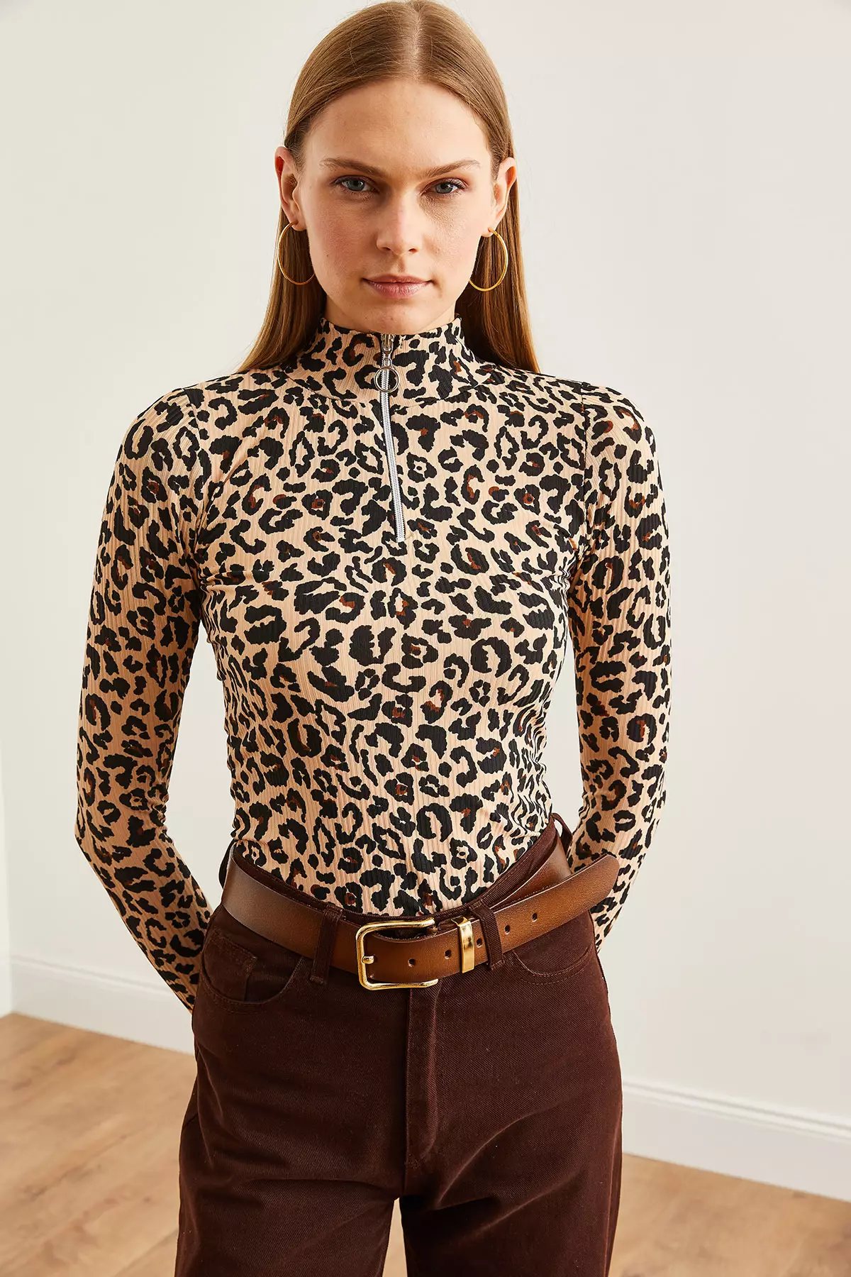Jual Olalook Beige Leopard Patterned Turtleneck Lycra Women's