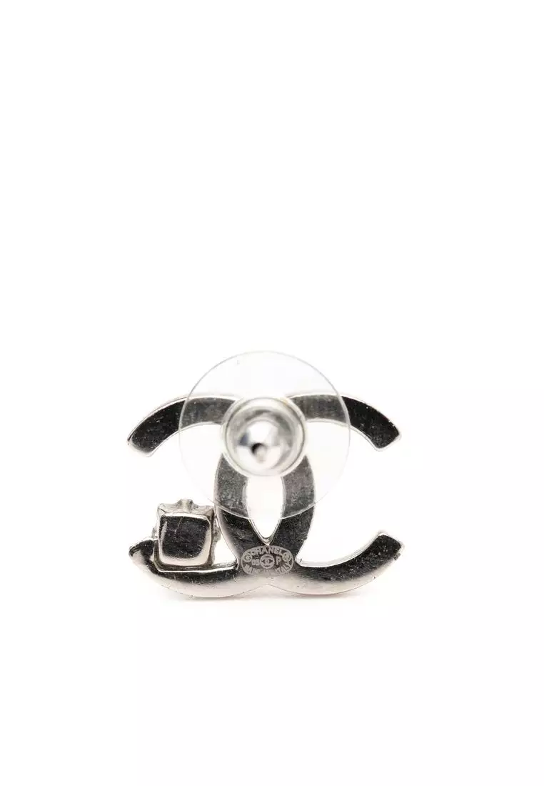 Pre-Loved Chanel Silver Plated Cc Rhinestone Push Back Earrings