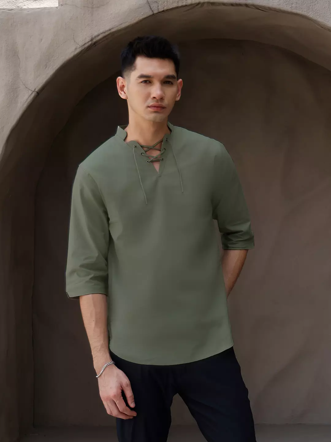 OXCON ZUHUD Kemeja koko Modern Linen Look Collarless Shirt Forest Green