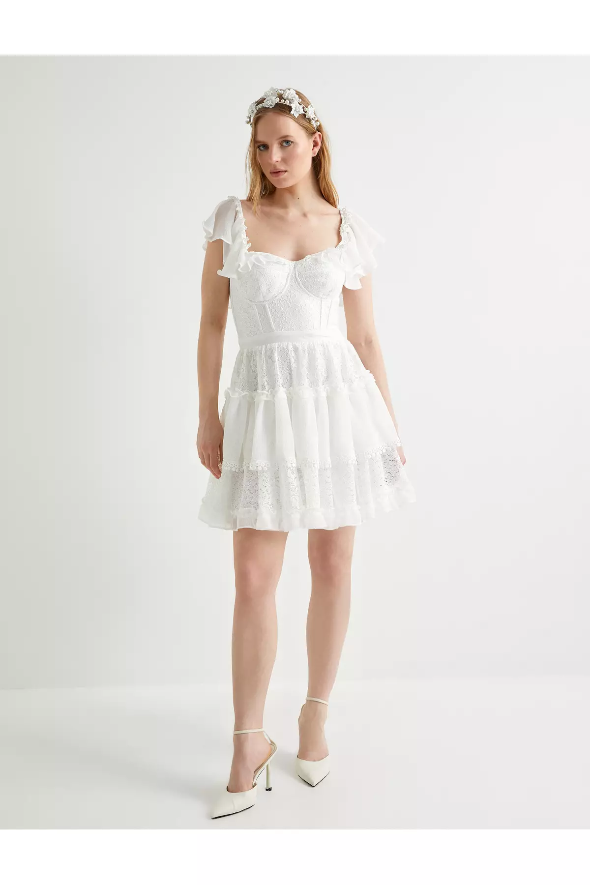 迷你蕾絲連身裙 婚禮 短款 網紗 袖子 桃心領 有內襯