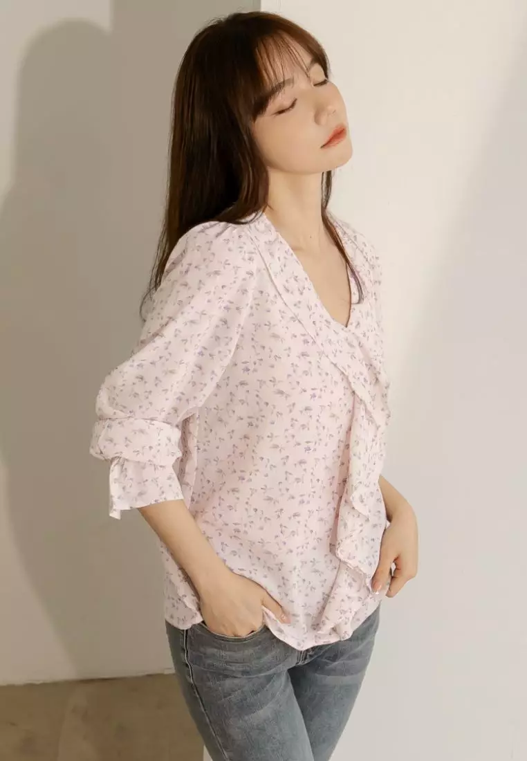 V-Neck Ruffle Floral Long Sleeve Chiffon Blouse [AB19667]