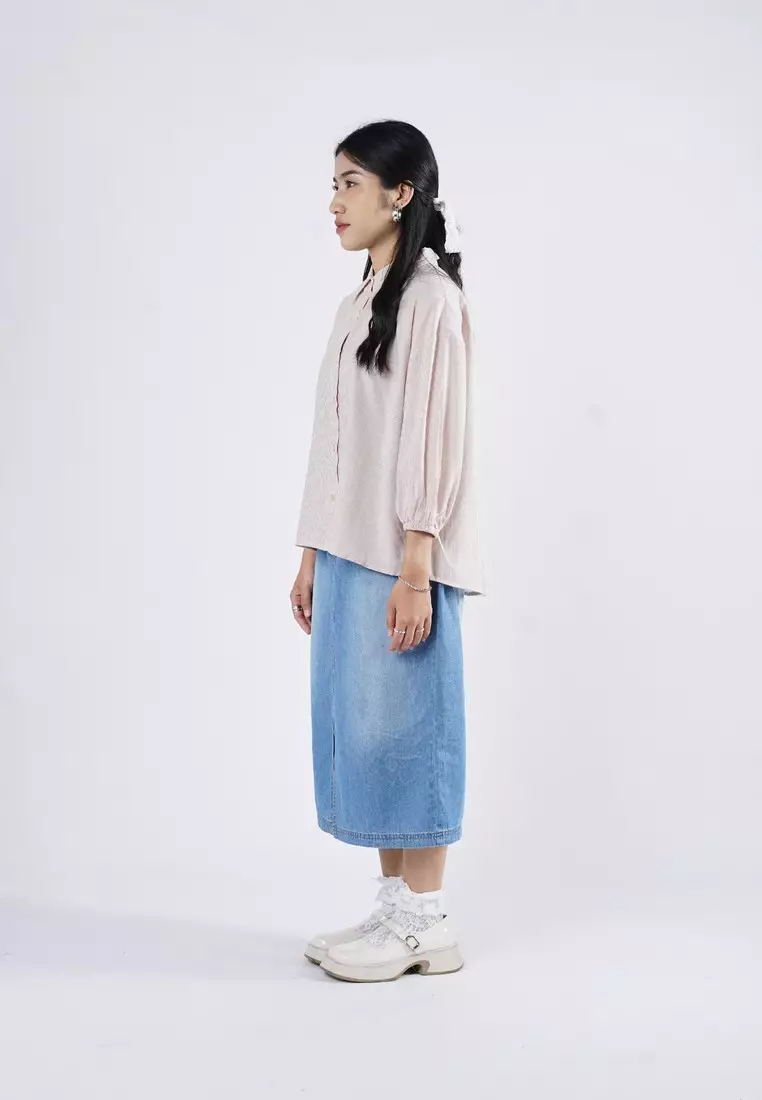 3Second Kemeja Bergaris Wanita Lengan Pendek Regular Fit Katun Polyester Tris HP-040425