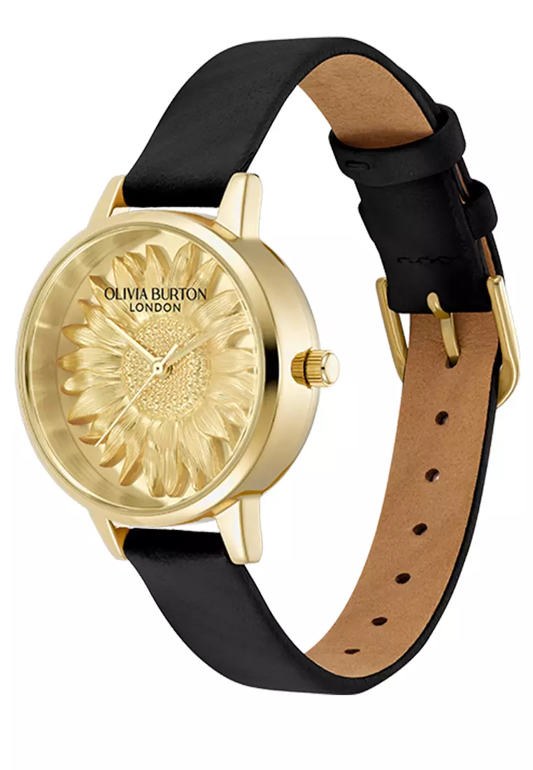Olivia Burton 3D Flower Tonal Dial Black GP Leather Strap 30mm - 24000222