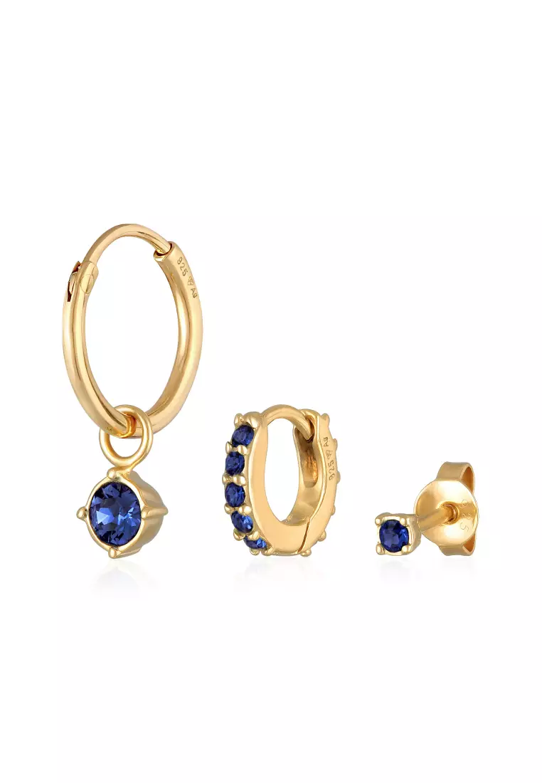 Earrings Set Creoles Stud Crystal Blue Gold Plated Embellished with Crystals by Swarovski®