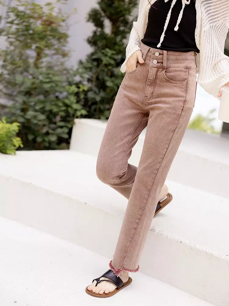 Distressed hem high-waisted stretch denim jeans [BA7502]