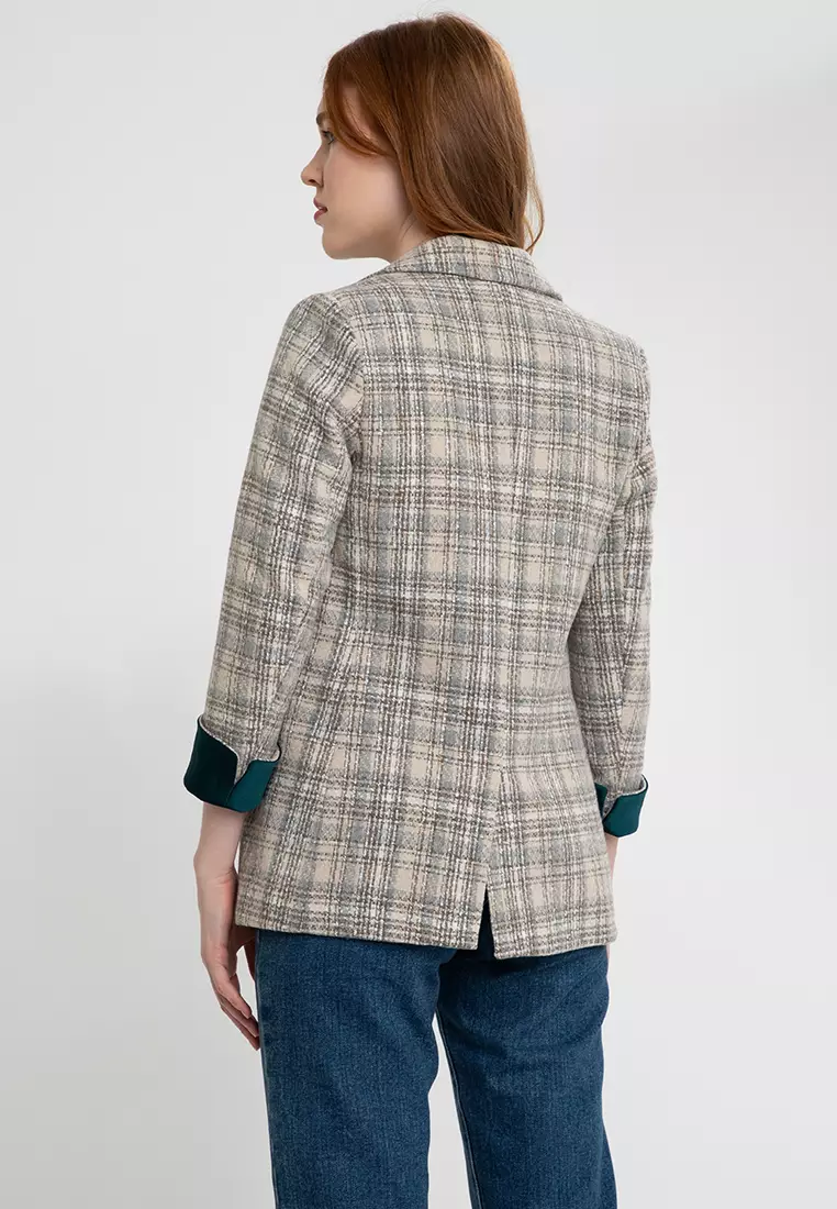 Contrast Cuff Woolen Plaid Blazer