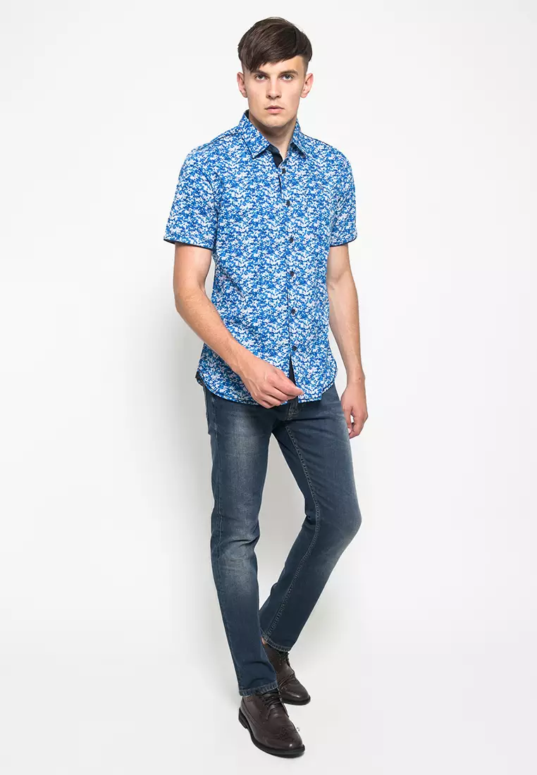 LGS - Kemeja Casual - Motif Abstrak - Biru - Slim Fit