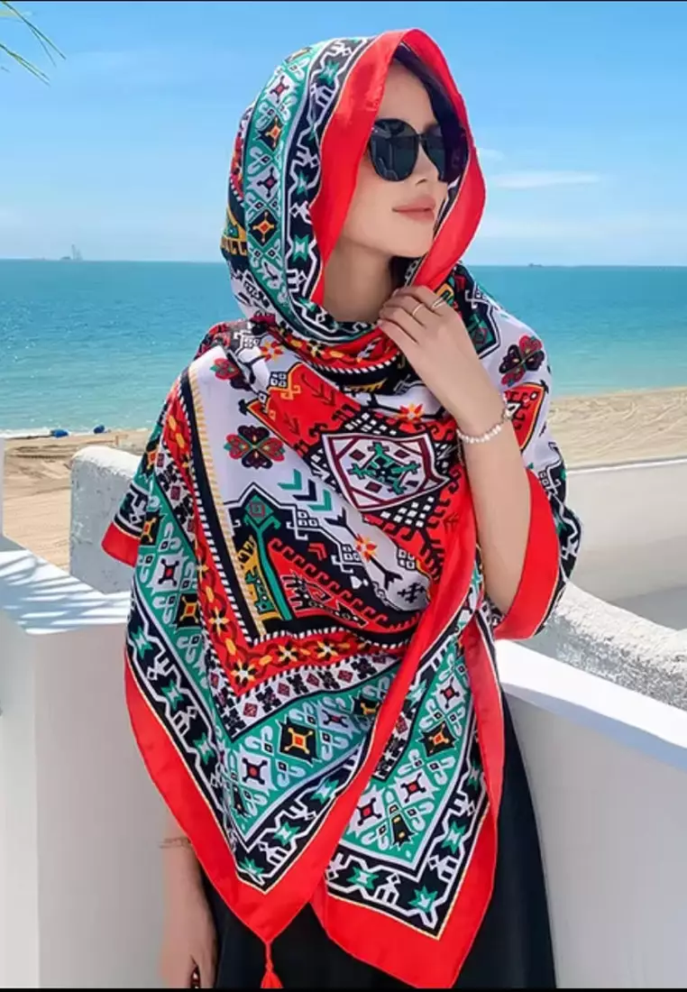 Aksesoris Wanita Mosaic Boho Pattern Tassels Viscose Shawl Syal Wanita Red
