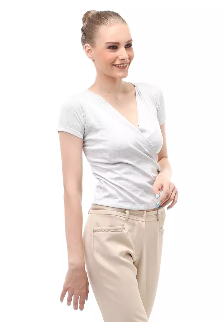 Blouse Atasan Wanita Short Sleeves Kerah V-neck Design Simple Elegant - Light Grey
