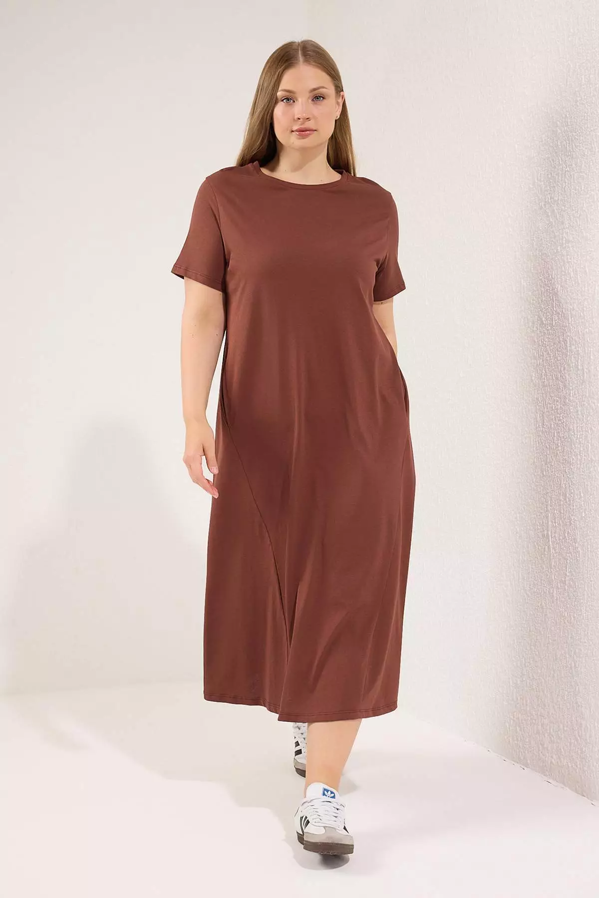 Brown Midi 100% Cotton Knitted T-Shirt Dress Tbbss24Ah00067