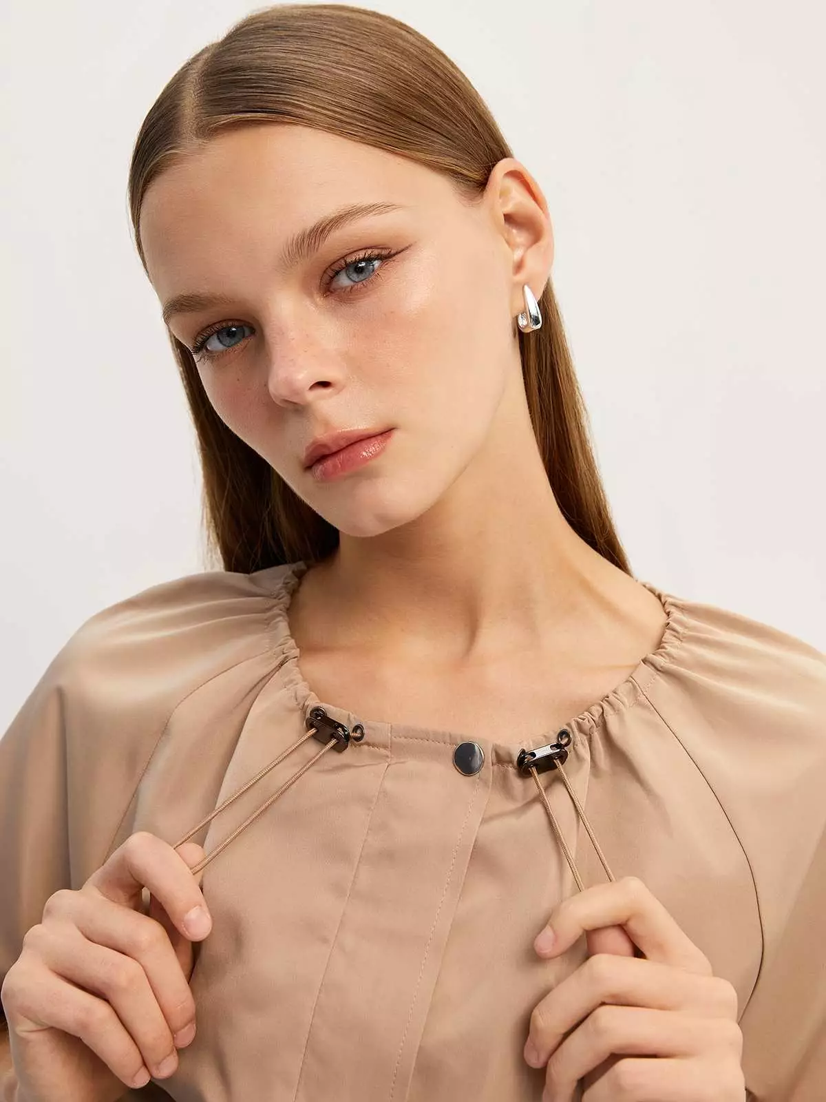 Ruched Drawstring Short Sleeve Mini Dress - Beige