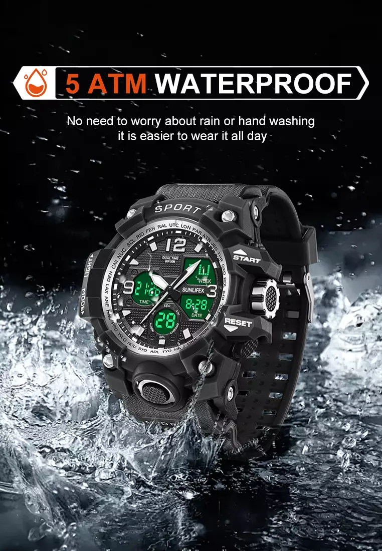 Jam Tangan Pria Digital D008 Multifungsi Alarm Olahraga Bercahaya Analog Jam Tangan Cowok silver