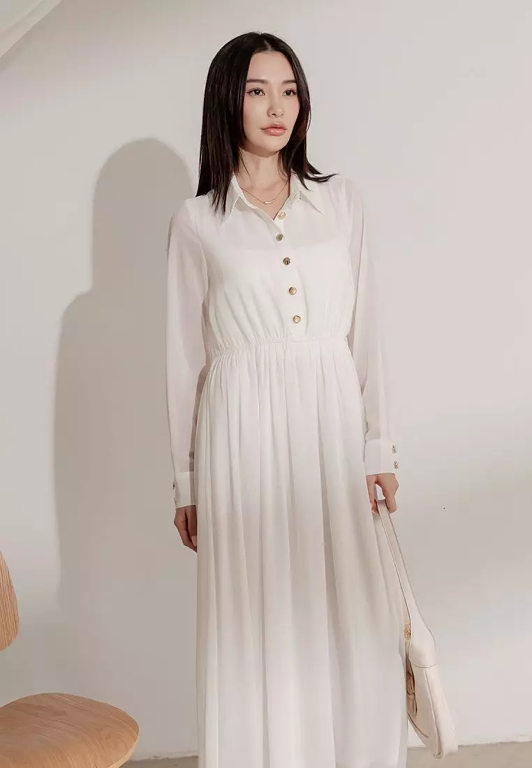 Chiffon Button-Down Shirt Collar Long Dress [DA8044]