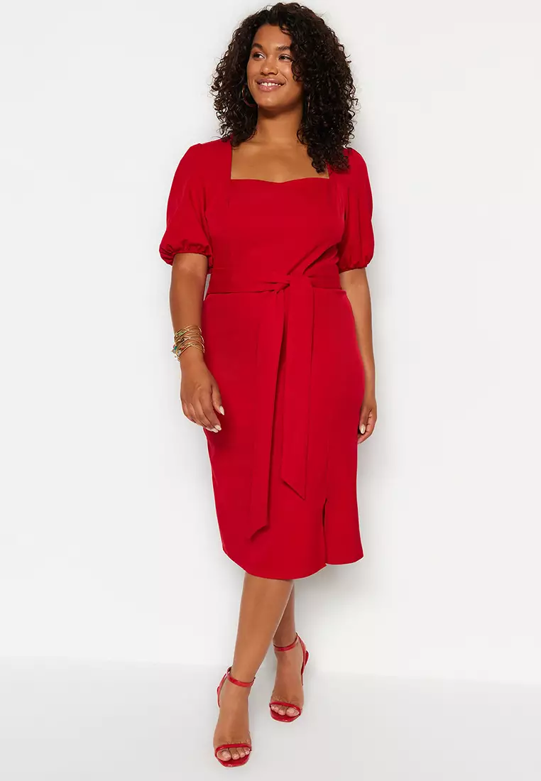 Buy Trendyol Plus Size Red Sash Detailed Woven Dress Online