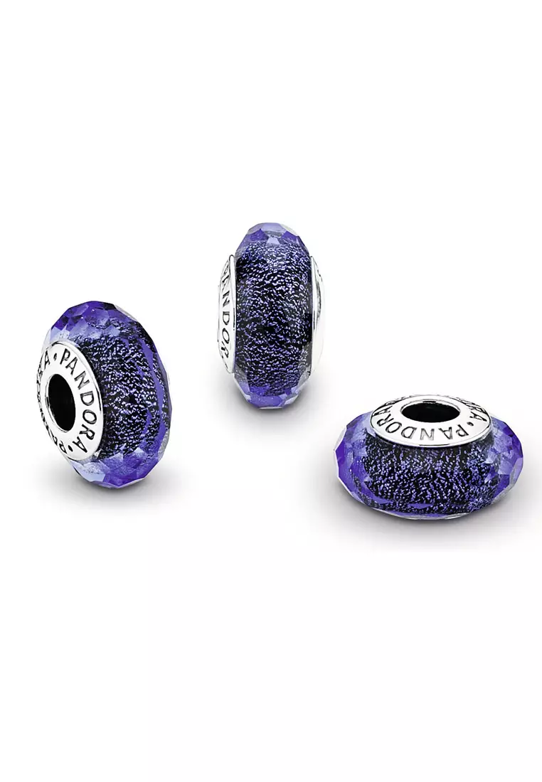 Abstract Silver Charm With Faceted Iridescent Blue Murano Glass