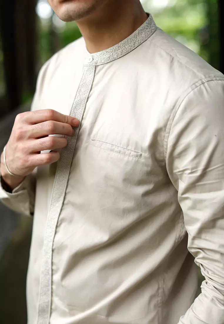 OXCON Kemeja Tangan Panjang koko bordir embrodiery collarless shirt Khakis