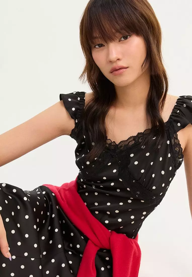 Ruffle Strap Polka Dot Midi Dress - Black