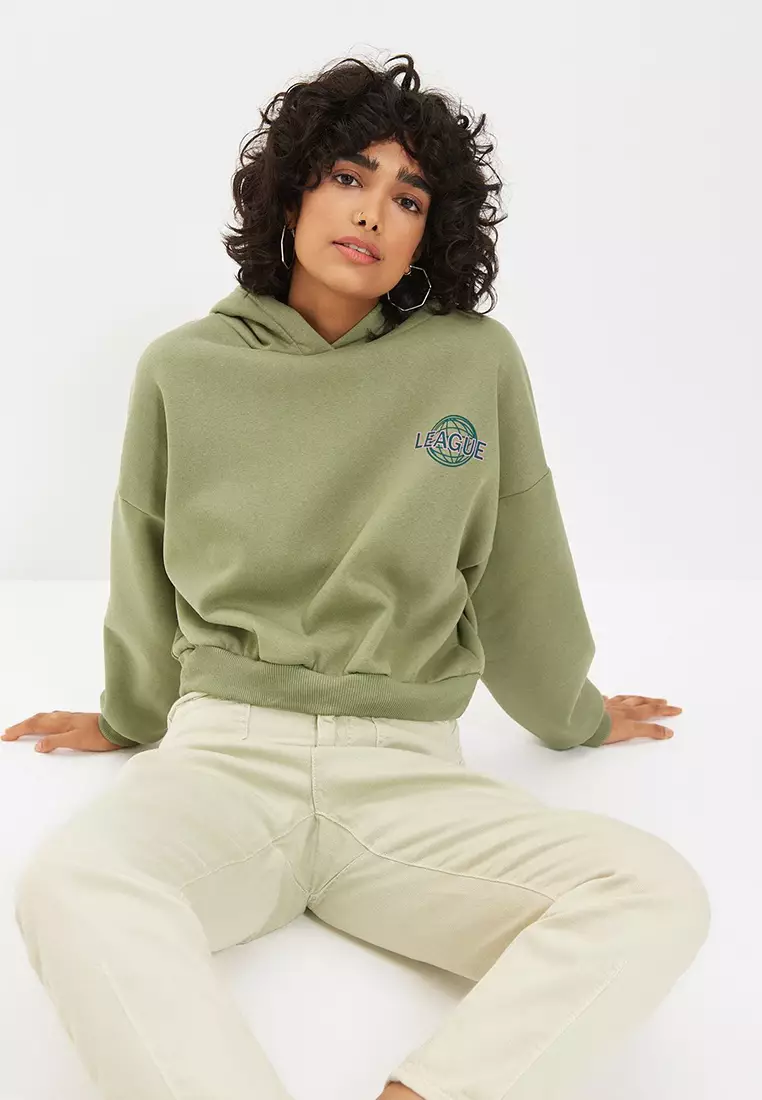 Mint Back Print Detail Hooded Thick Fleece Knitted Sweatshirt TWOAW22SW0711