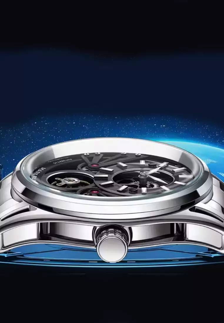 男女通用自動手錶，44 毫米輕質金屬合金錶殼，不鏽鋼錶帶