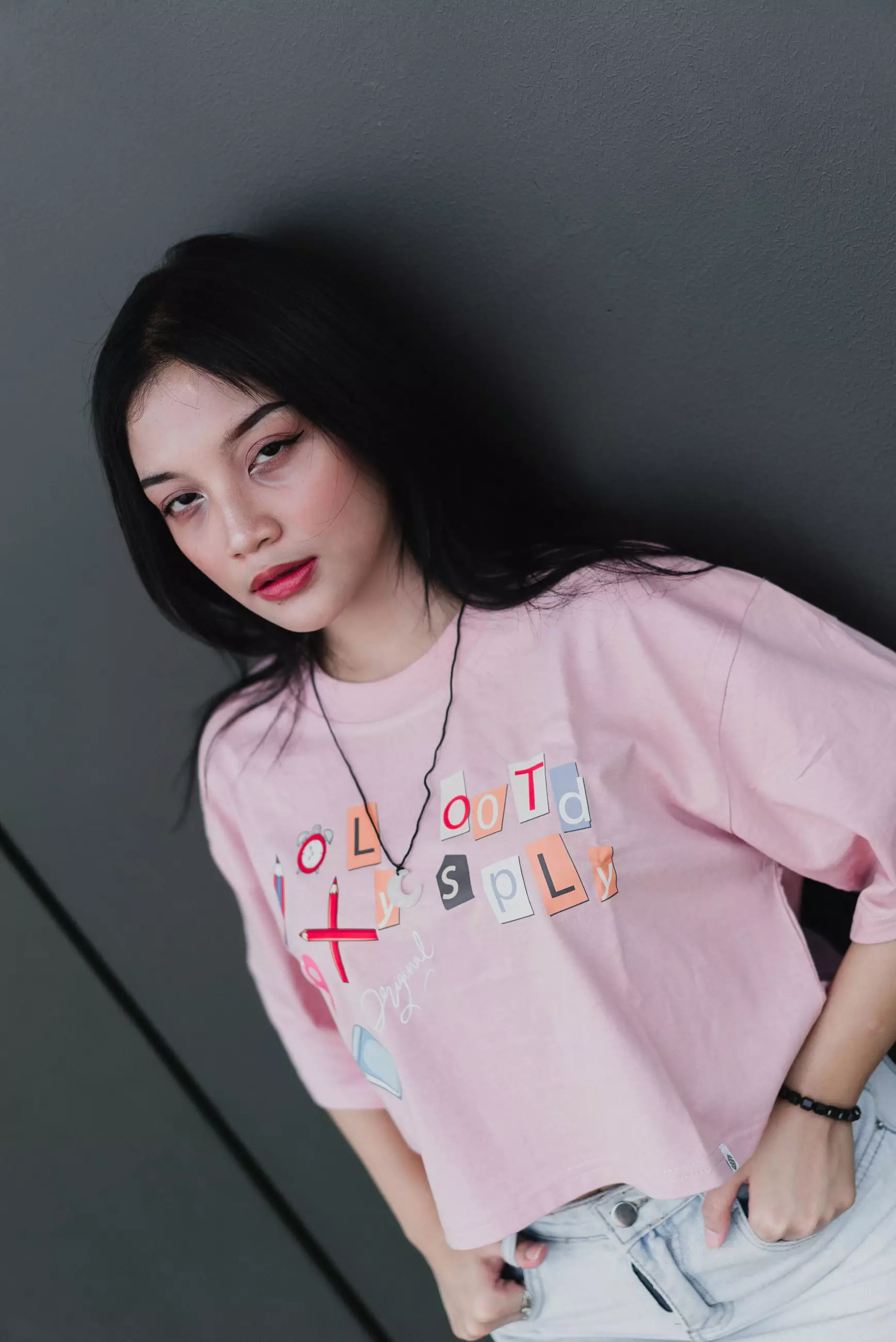 OOTDSUPPLY Croptee Pencil Dusty Pink & Black | Croptee Oversize Wanita CT025