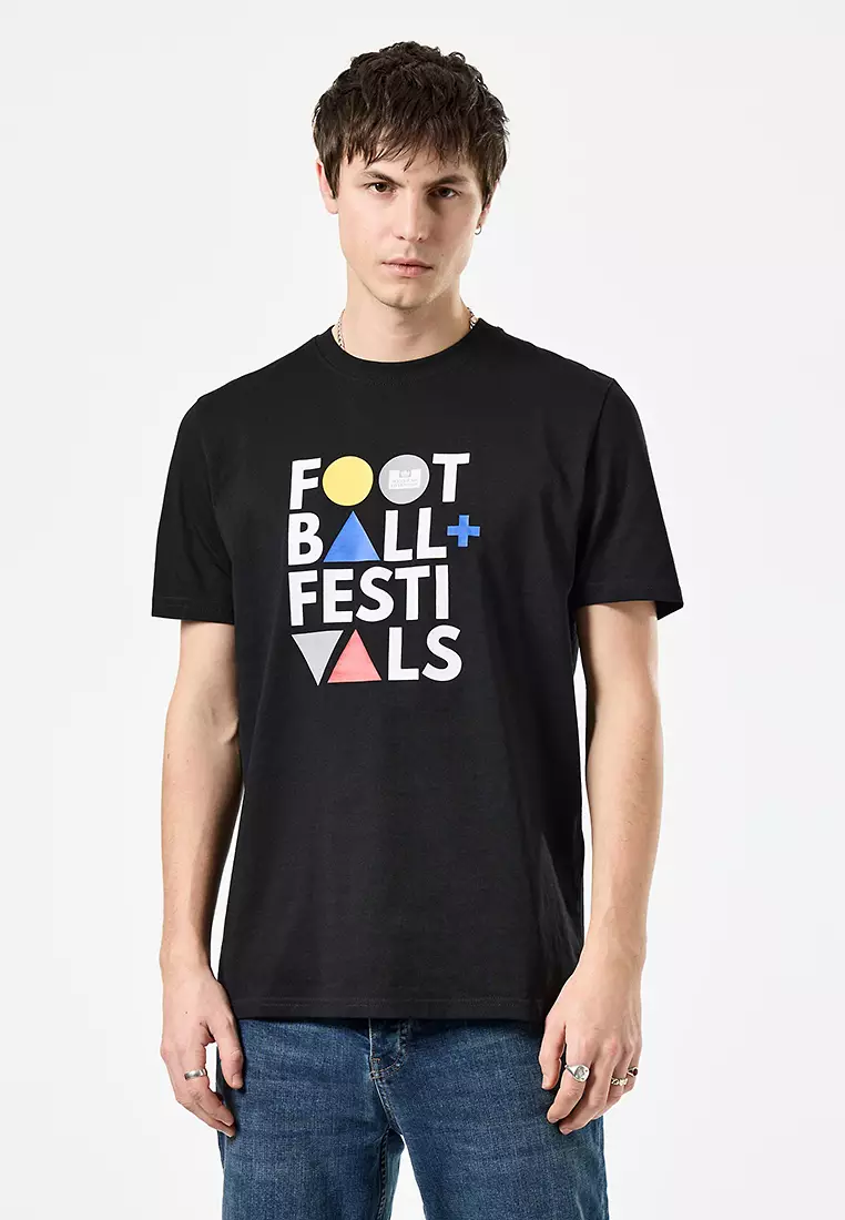 MENS BLACK FOOTBALL + FESTIVALS TEE GRAPHIC TEE