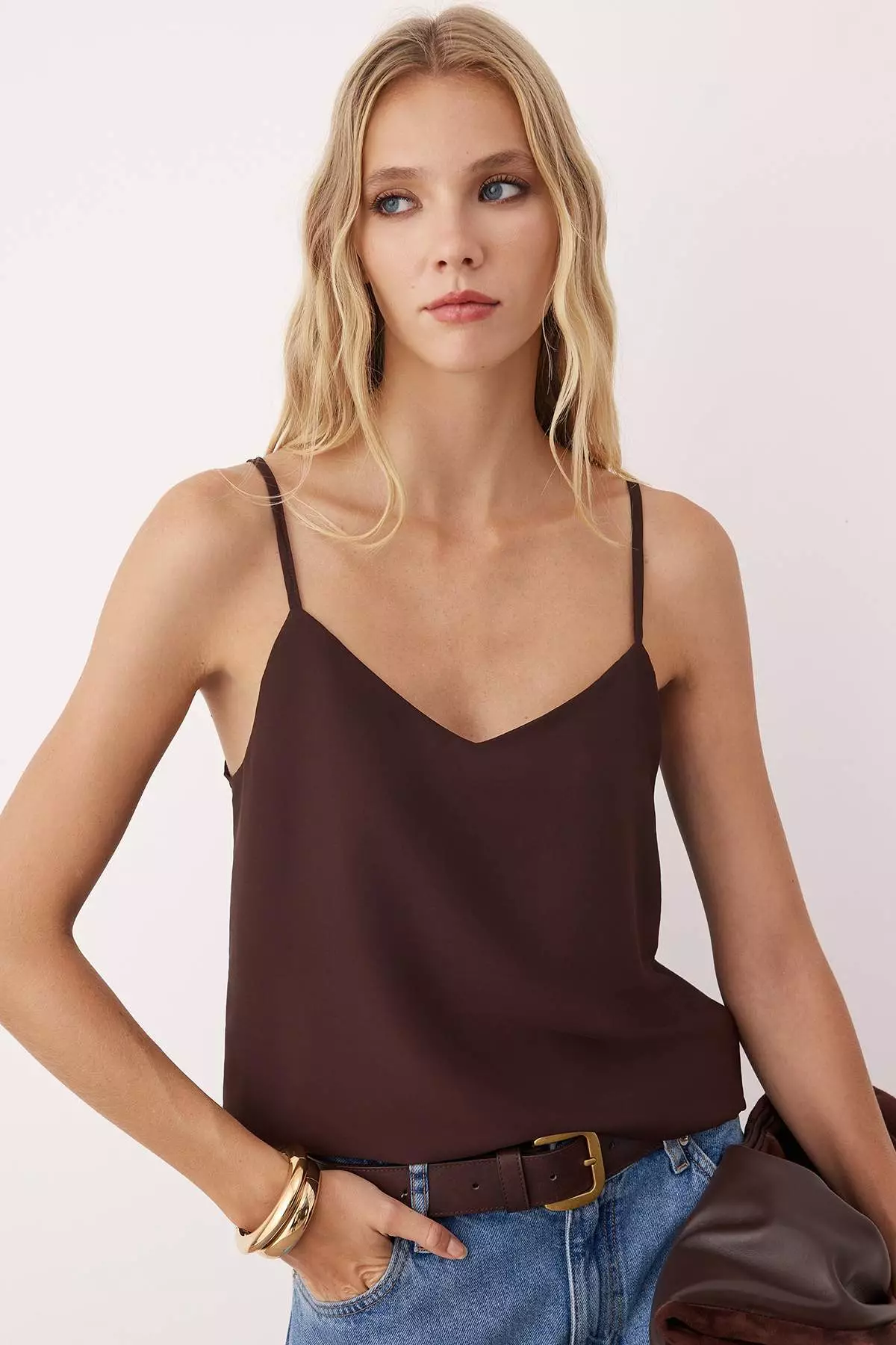 Dark Brown Basic Strappy Woven Blouse Twoss19Bb0224