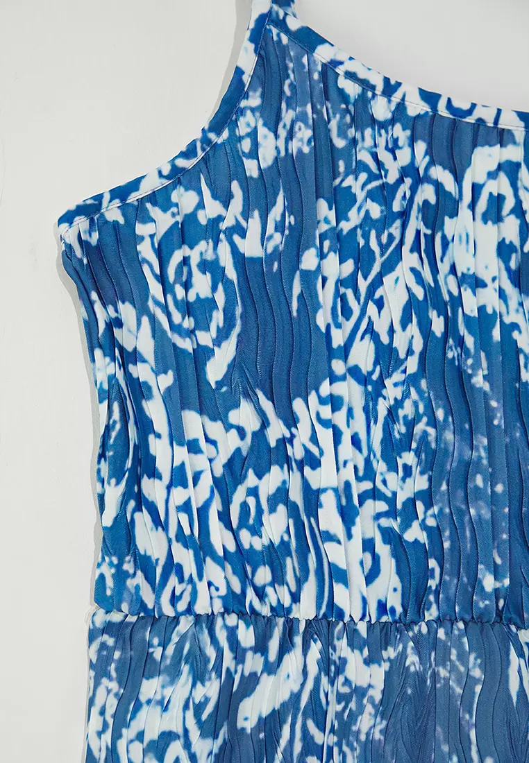 Blue Strappy Patterned Plus Size Knitted Jumpsuit TBBSS25BG00016