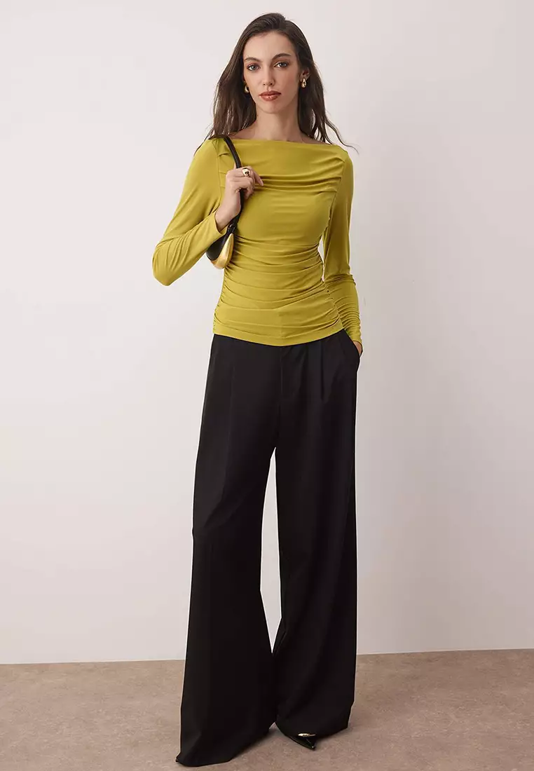 Dark Green Boat Neck Sleeveless Blouse in Pure Silk