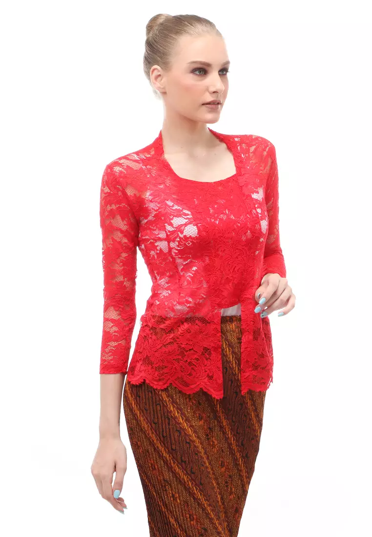 Hara Kebaya Seri 2 Motif Brokat Long Sleeves Atasan Wanita Transparan Premium Quality - Merah