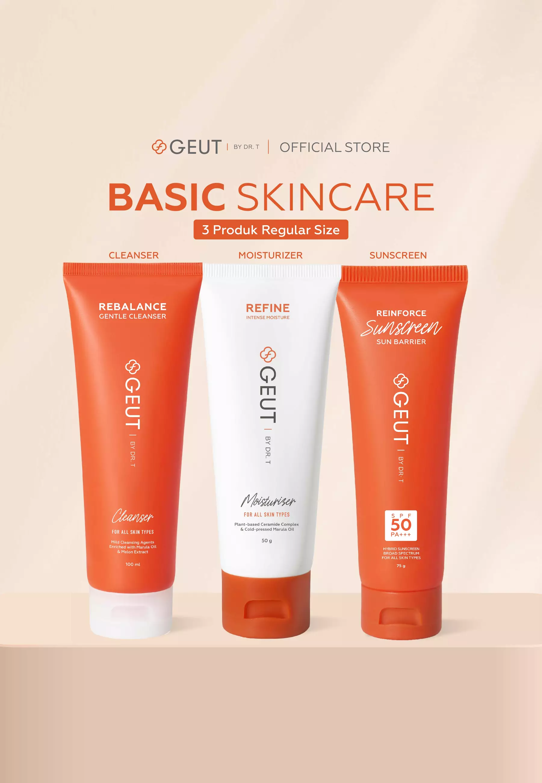GEUT BASIC Regular Set 3pcs (Paket Wajah Basic Ukuran Regular, Cleanser 100ml + Moisturizer 50gr + Sunscreen 75gr)