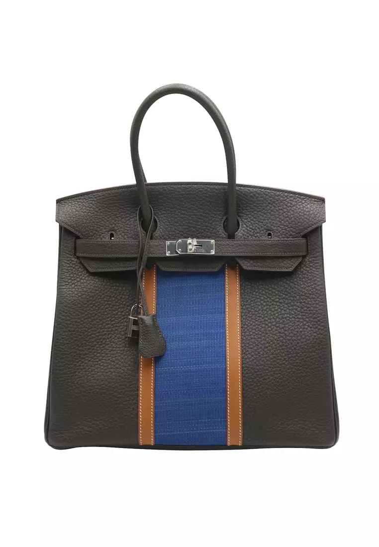 Hermes Gris Tourterelle/Moutarde Clemence And Sanguine Swift Leather  Palladium Plated Limited Edition Birkin 35 Bag Hermes