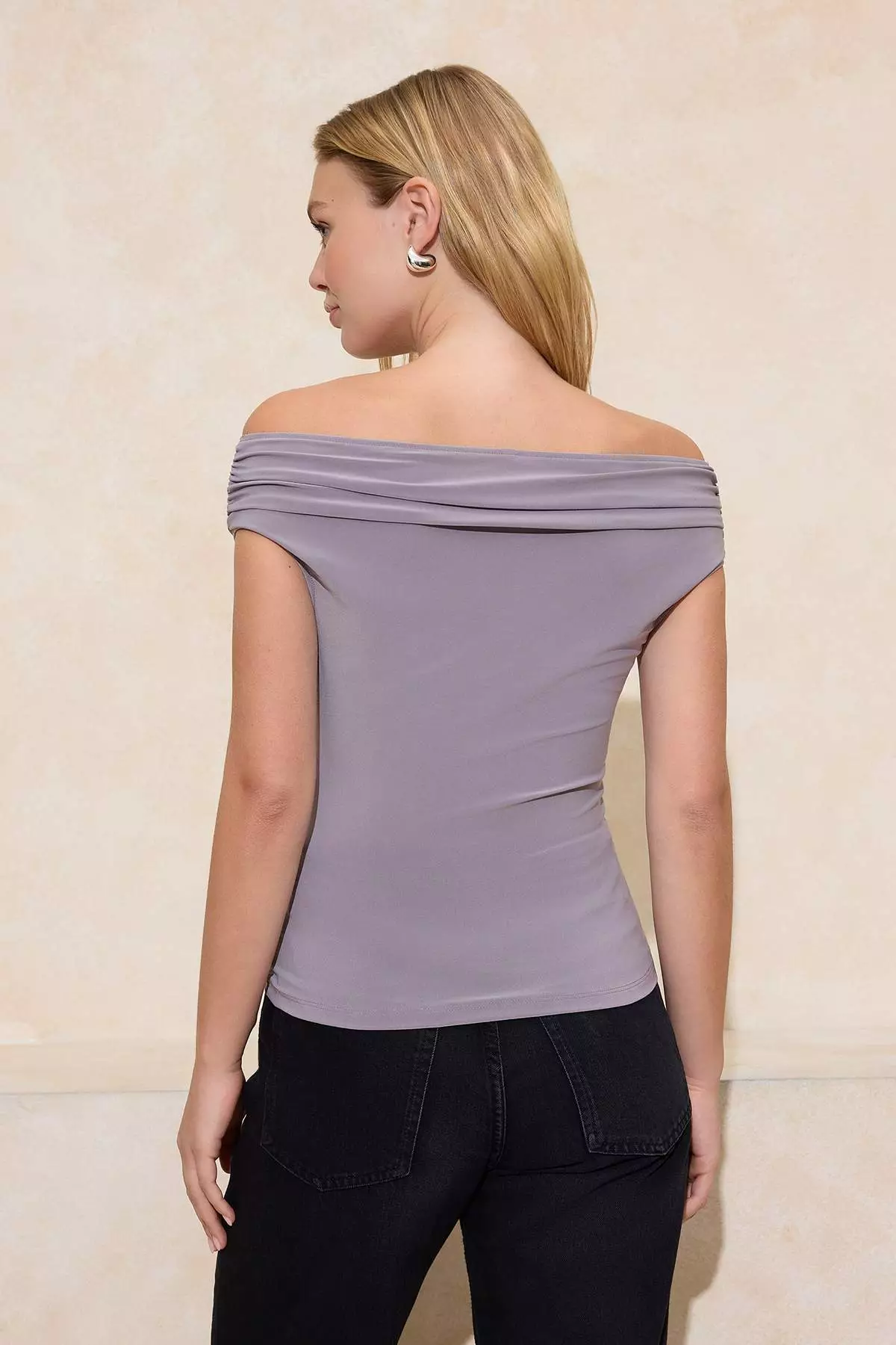 Stone Plain Fitted Carmen Collar Sleeveless Stretchy Knitted Blouse Twoss26Bz82