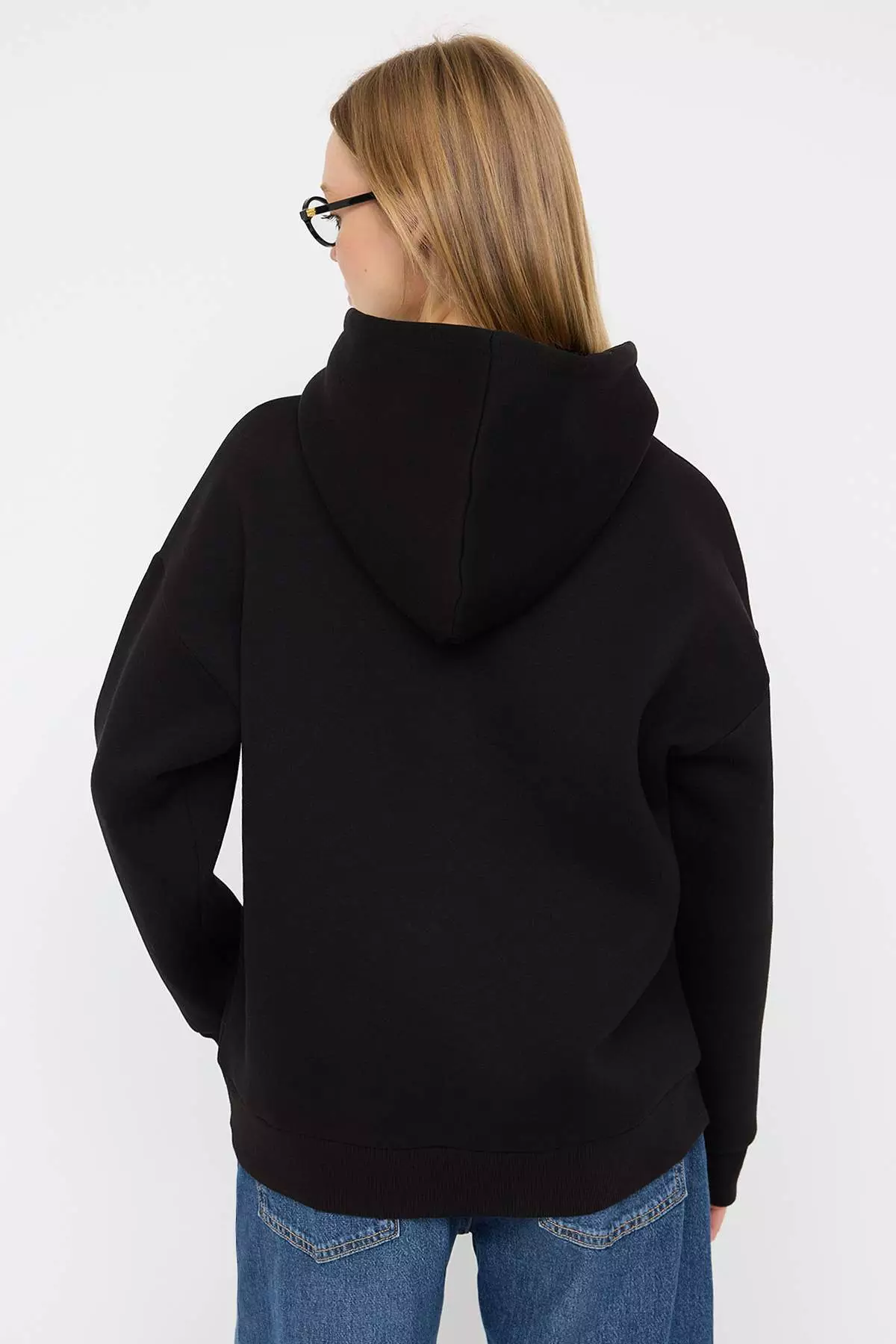 Teen Black Thick Polar Fleece Heart Printed Hooded Oversize Knitted Sweatshirt