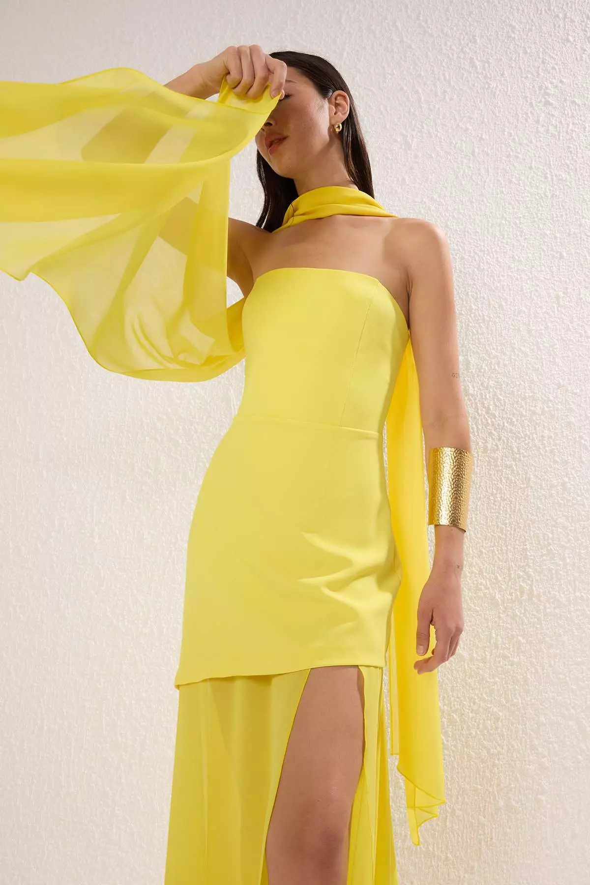 Vibrant Yellow Shawl Detail Maxi Evening Dress