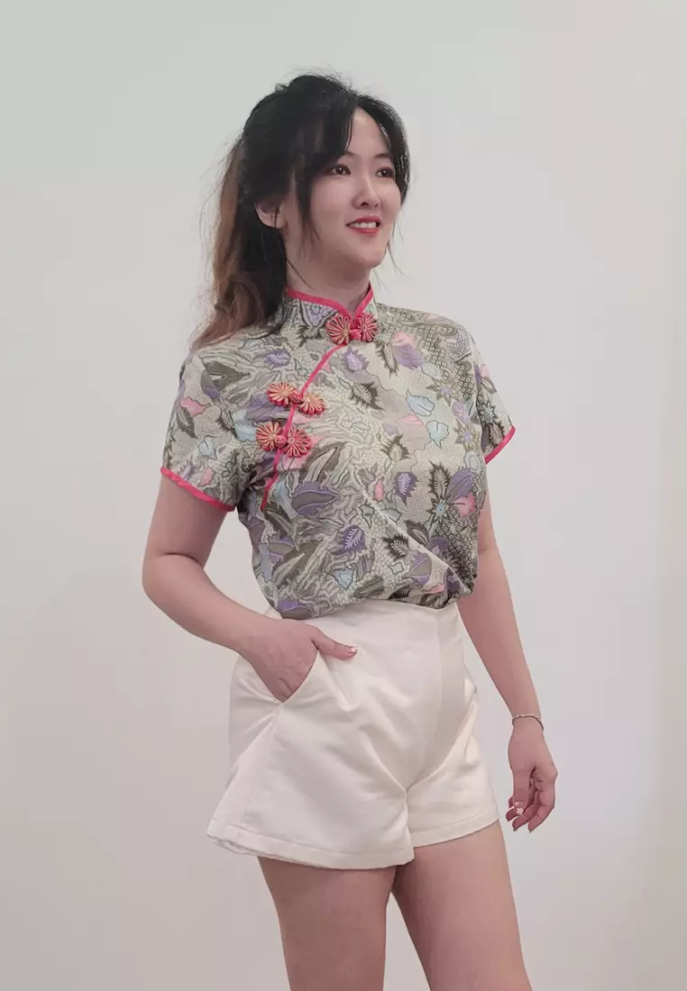 Ivory Cheongsam Cap Sleeves Top Light Green Batik