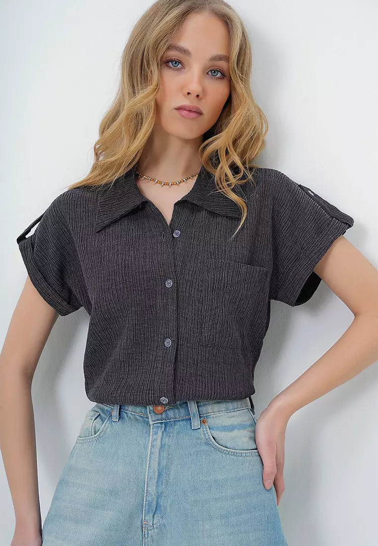 Women's Anthracite Cuffed Double Short Sleeve Textured Shirt