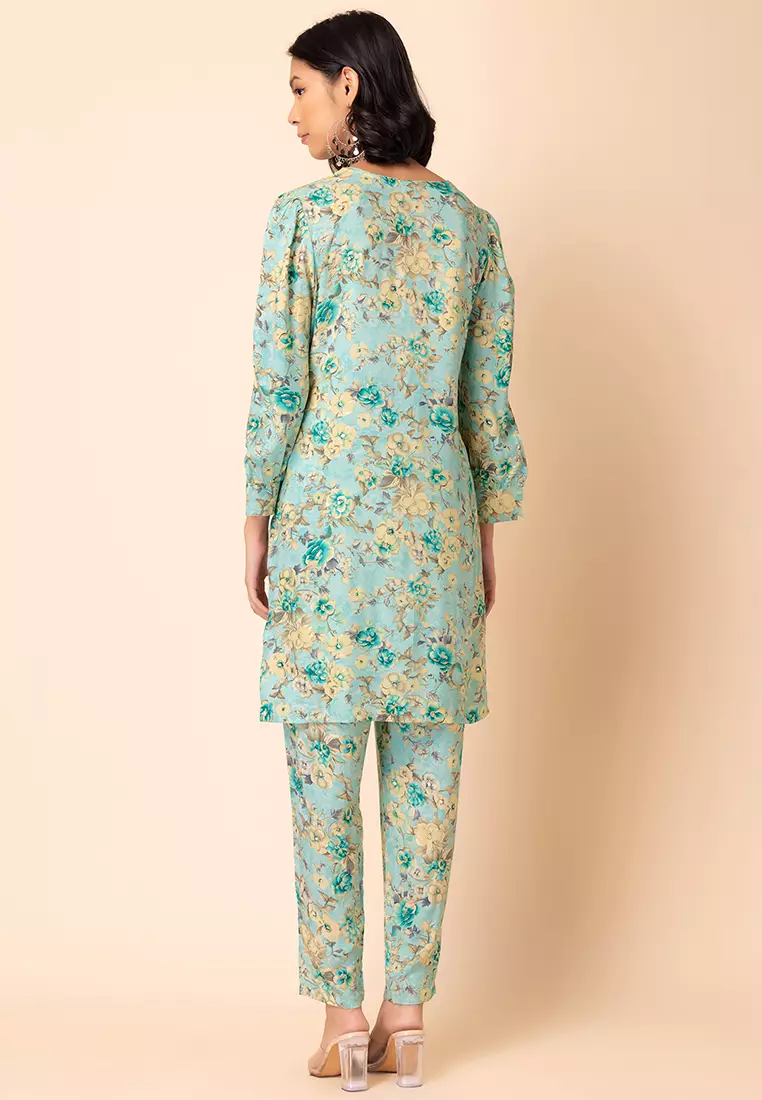 Light Blue Floral Jaal Print Rayon Kurta And Printed Pants (Set of 2)