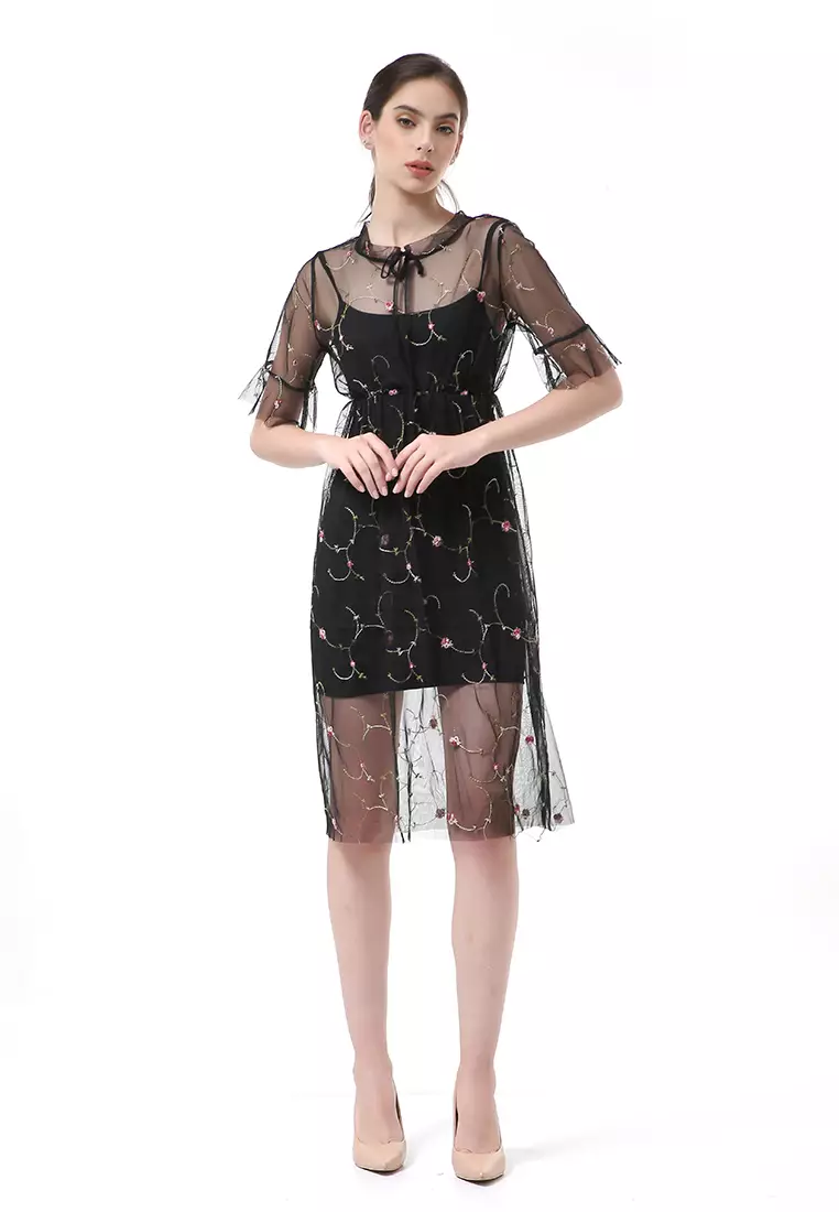 Rachel Midi Dress Wanita Lengan Pendek Koreaan Style Material Brukat ORIGINAL - Black